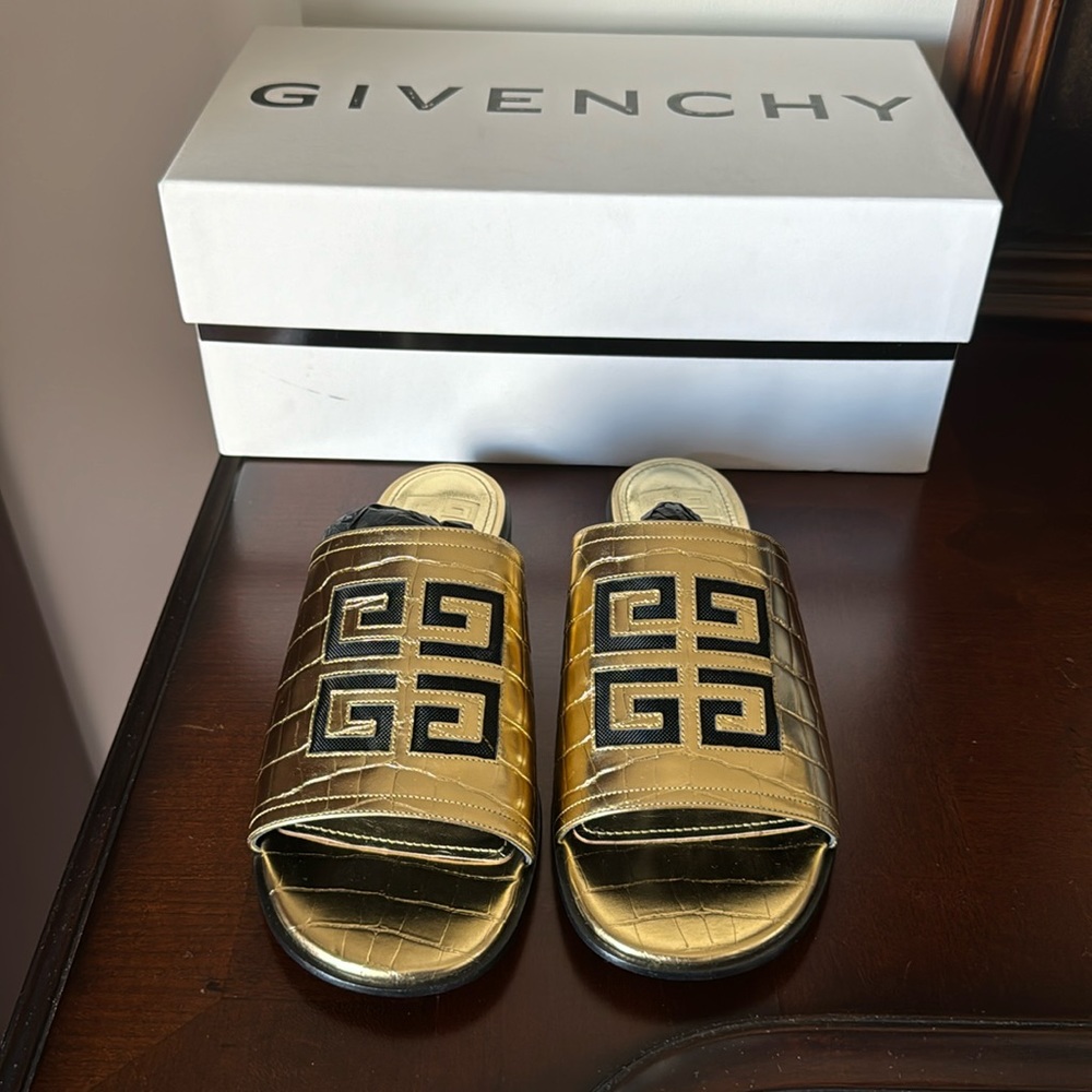 Givenchy Metallic Gold Logo Slide Sandals